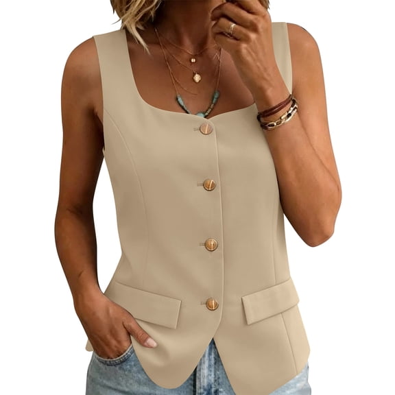 Htigea Womens Suit Vest Trendy Button Down Sleeveless Tops Elegant Square Neckline Work Office Waistcoats Khaki S