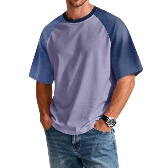 GrmtClth Shirt for Men Lightweight Short Sleeve Tops Athletic Crew Neck T-Shirt Fashion Raglan Clothes Colorblock Light Purple 2XL