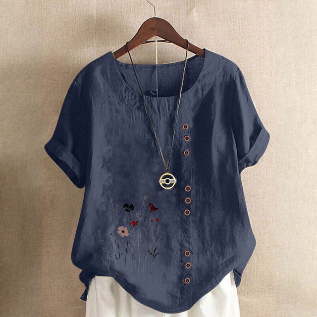 Lydiaunistar Women's Summer Tops Casual Linen Round-Neck Short Sleeve Button Blouse, Perfect for Spring, Summer, Fall, Sizes S-5XL
