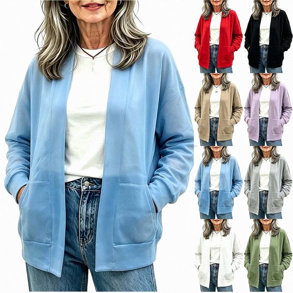 ITSAME Womens Long Sleeve Cardigan Jacket Lightweight with Pockets Fall Winter Casual Comfy Outerwear Light Blue Size S