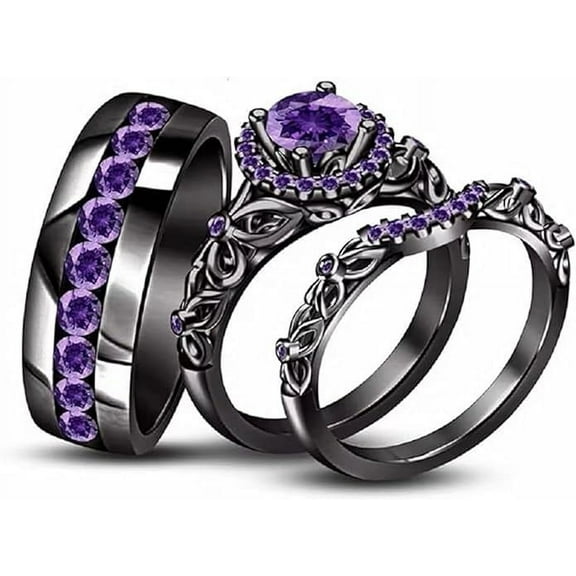 beryl_creation Unisex 1.15 Ct Round Cut Purple Amethyst Engagement Wedding Trio Ring Set 14K Black Gold Plated 925 Sterling Silver For Men's & Women's -6