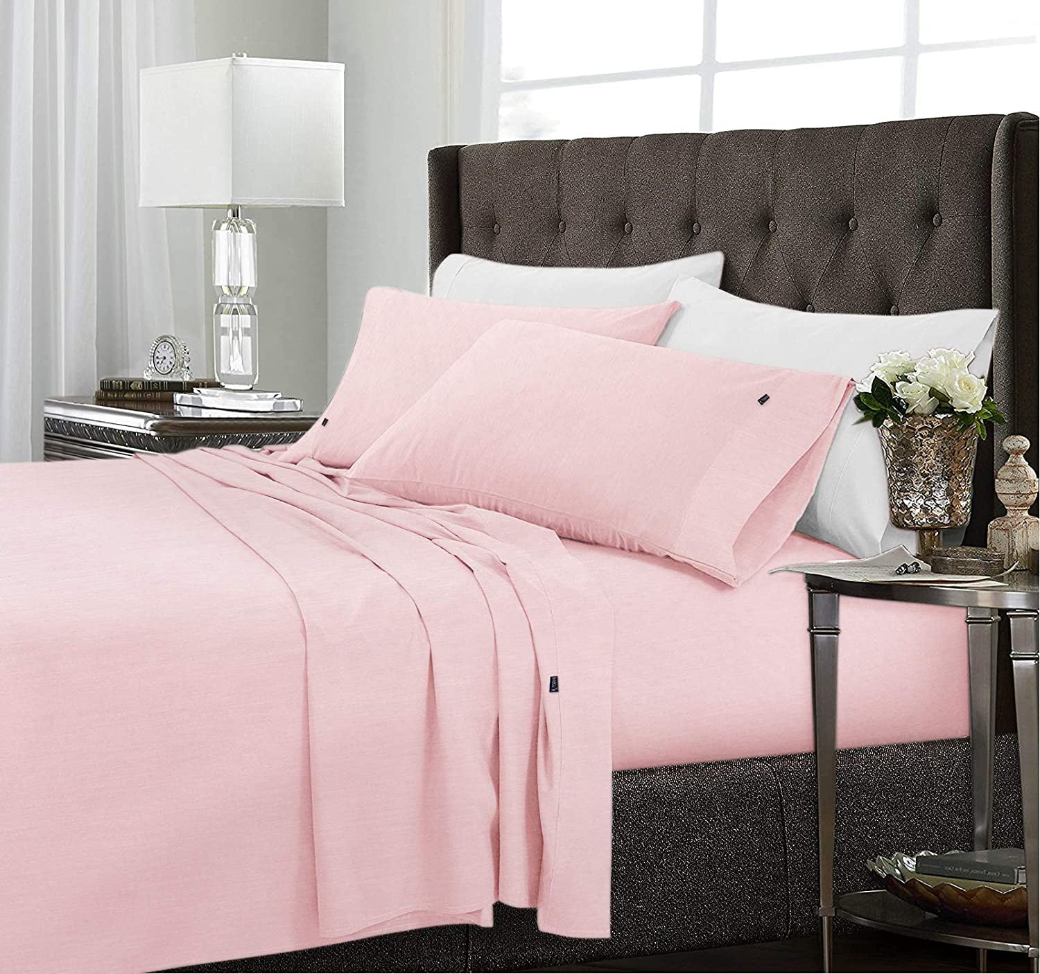 4 Piece Bamboo Microfiber Pink Queen Sheet Set, Deep Pocket Bed Sheets