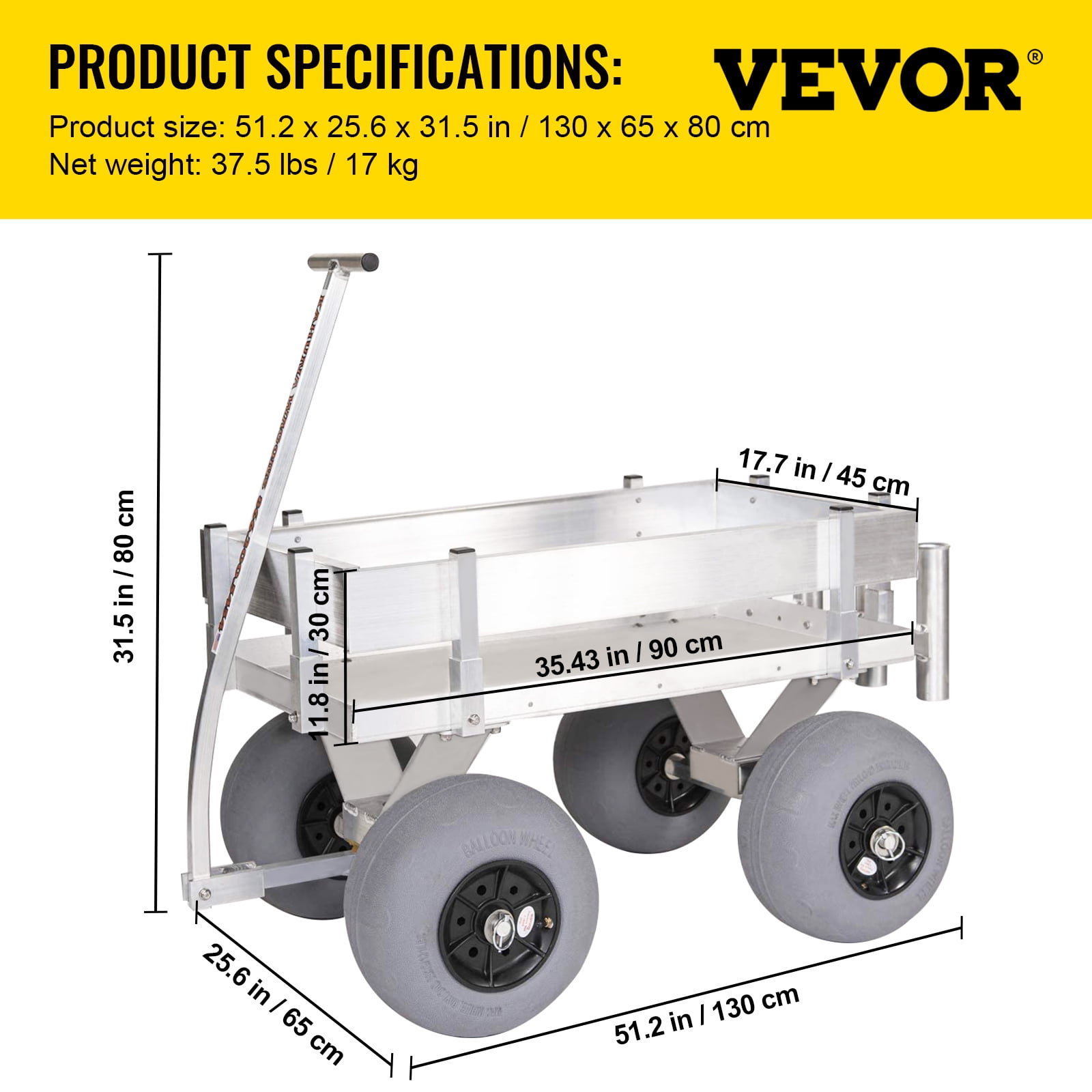 VEVOR Beach Fishing Cart, 34.5 x 23.6 x 25.5 inch Fish and Marine Carts w/  330lbs Load Capacity, with Big Wheels Balloon Tires for Sand, Heavy-Duty  Aluminum Wagon-Rod Holders and Trolley, no Rust 