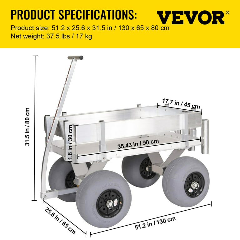 VEVOR Beach Fishing Cart, 34.5 x 23.6 x 25.5 inch Fish and Marine Carts w/ 330lbs Load Capacity, with Big Wheels Balloon Tires for Sand, Heavy-Duty
