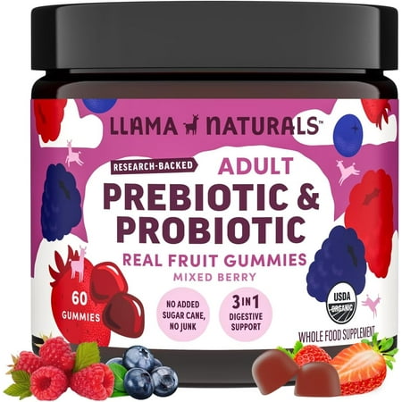 Llama Naturals Probiotics for Women and Men with Prebiotic Fiber, Vegan, Organic, Probiotic Gummies for Gut Health Support, Adults Real Fruit Gummy Vitamins, No Added Sugar Cane, Mixed Berry, 60 Ct