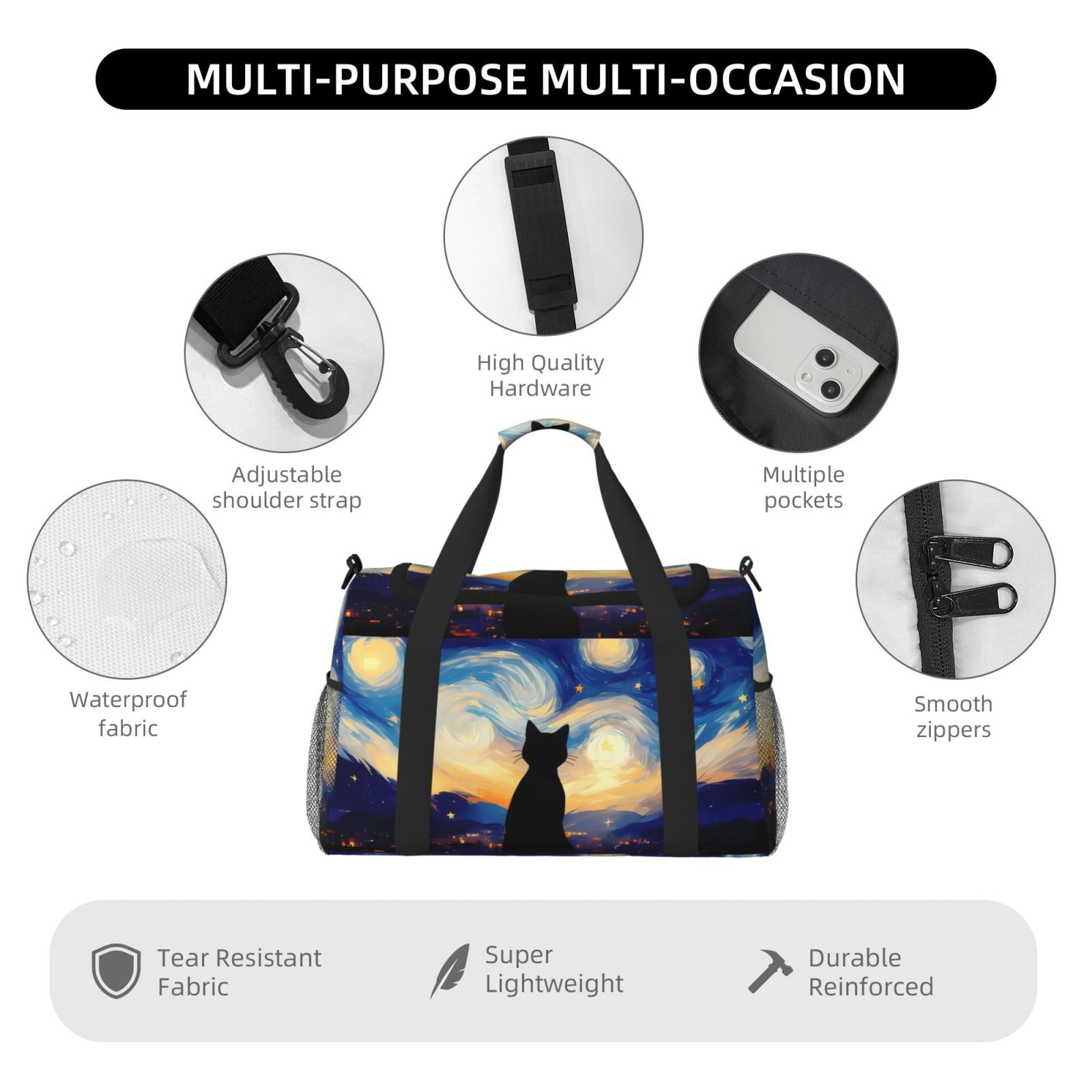 Fuzoiu Cat Under Starry Skies Print Travel Duffle Bag,Carry On Tote Bags,Duffel Bag,Sport Gym Bag, Hospital Bag for Labor and Delivery, Overnight Bag,Luggage Bag