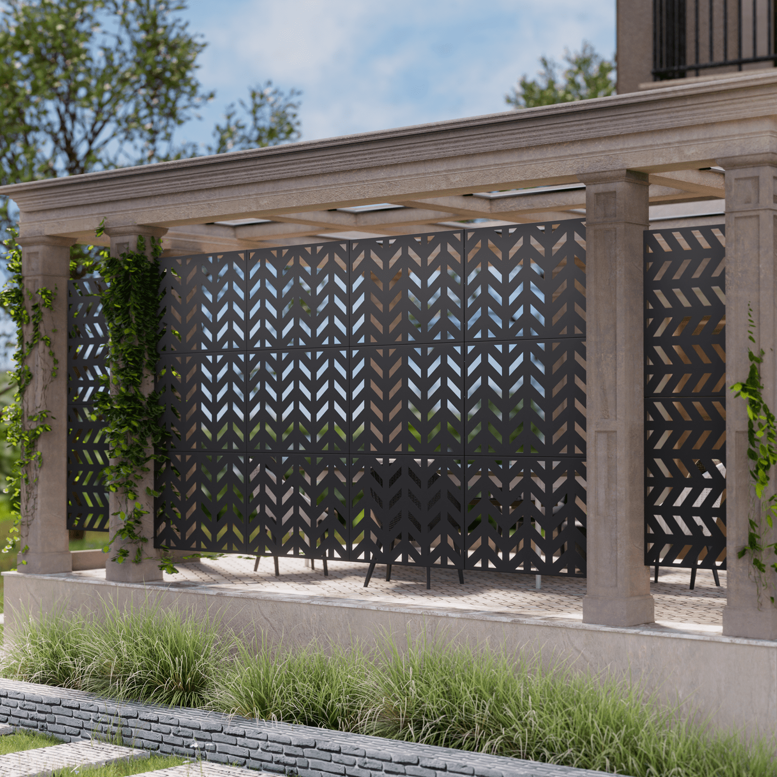 MAYEERTY 72"x35"x16" Outdoor Privacy Screen with Stand Metal Balcony Decorative Screen,Black