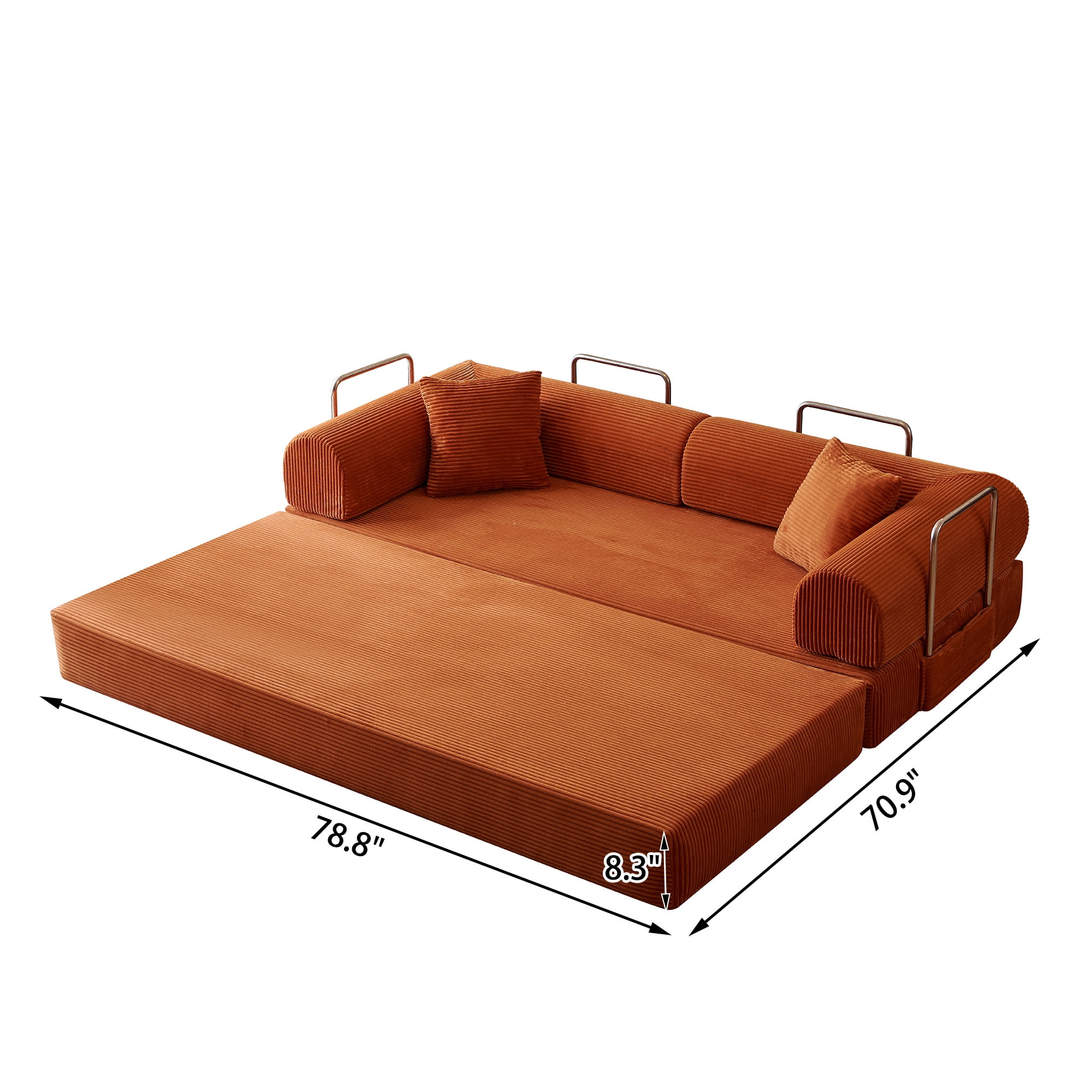 Howcool 79" Boneless Sleeper Sofa Bed, 2-in-1 Pull Out Convertible Loveseat Couch with 2 Throw Pillows, Corduroy Futon Floor Sofa for Living Room, No Assembly Required, Tangerine