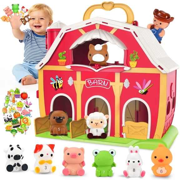 IYHN Farm Animal Barn Playset with Finger Puppets & DIY Stickers, Educational Pretend Play Toy, Birthday Easter Gift for Toddlers Boys Girls