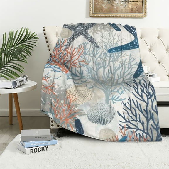 Nawypu Abstract Nautical Coastal Throw Blanket for Couch - Watercolor Beach Ocean Theme Starfish Seashell Coral Lightweight Soft Blankets and Throws for Sofa