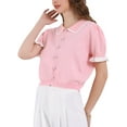 thumbnail image 4 of INSPIRE CHIC Women's Lapel Collar Puff Ruffled Sleeve Knit Vintage Blouse XL Pink, 4 of 5