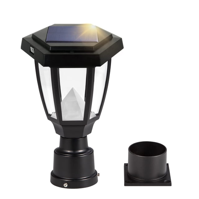 FUDESY Solar Lamp Post Light Outdoor, Waterproof LED Fence Post Lights Solar Powered with Pier Mount Base, Plastic Black Pole Light for Out