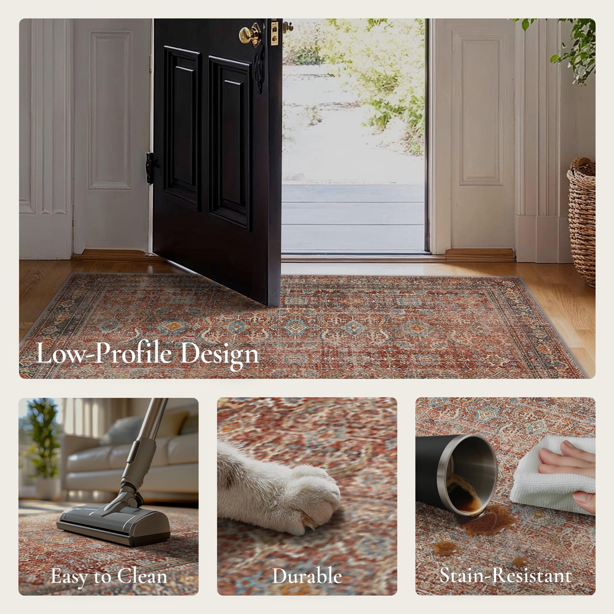 KUETH 8'x10' Area Rugs for Living Room, Non Slip Machine Washable Vintage Indoor Rug, Low Pile Chenille Print Rug for Bedroom Dining Room Home Office
