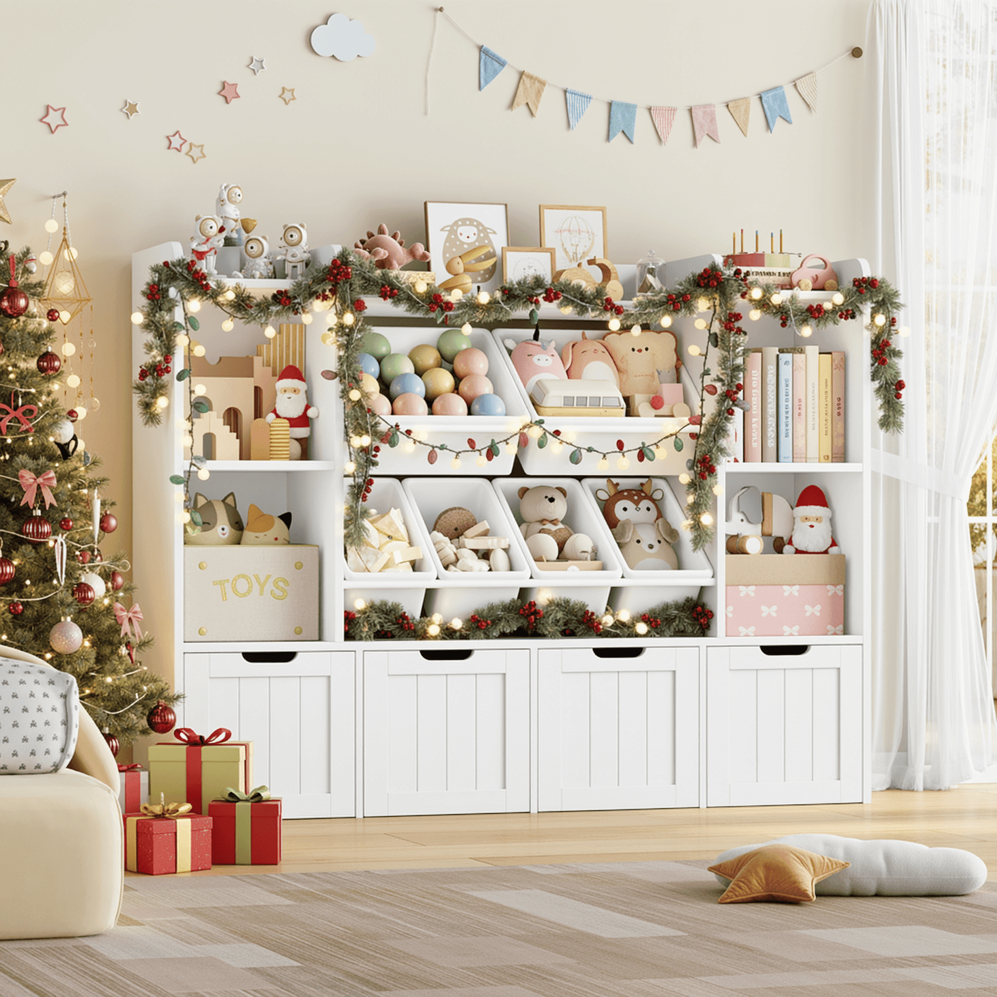 Hiphuta 3-tier 55"in Large Kids Bookcase with Toy Storage Organizer, Wood Toy Organizer of 6 Boxes & 4 Removable Drawers, White