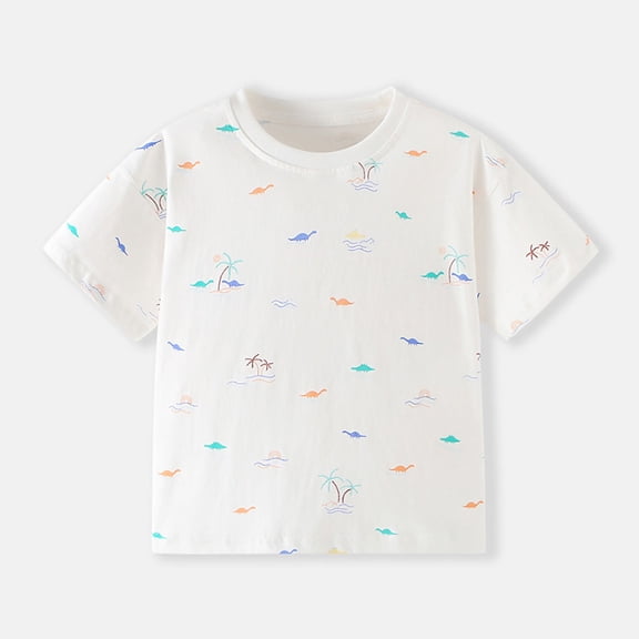DAETIROS Dinosaur & Palm Tree Print Boys Short Sleeve T-Shirt Soft Summer Tee for Kids & Kid White Sizes 2-8 Years,Size 6 T