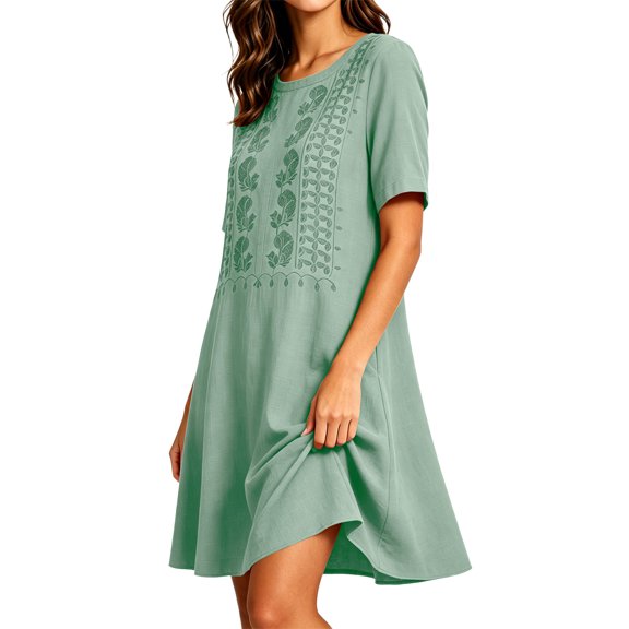 Noric Women's Short Sleeve Mini Dresses Casual Crew Neck Embroidered Summer A-Line Beach Dresses with Pockets