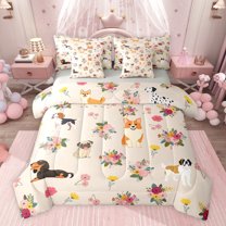 jejeloiu Colorful Cute Floral 7 Pieces Bedding Comforter Set,Kawaii Dachshund Full Bedding Set For Girls Teens Reversible
