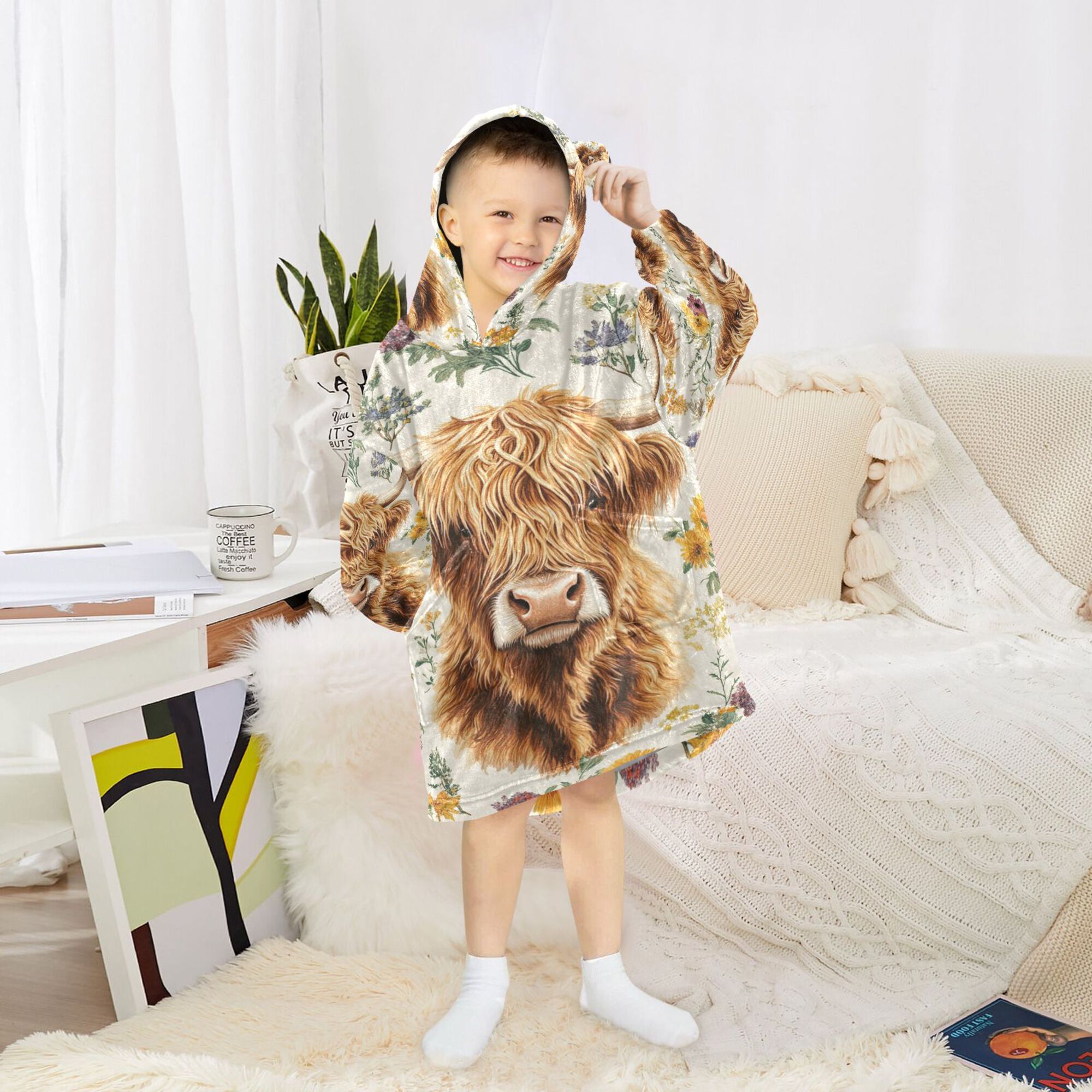 FORMRS Wearable Blanket Hoodie with Sleeves for Kids Cozy Flannel Sweatshirt, Floral Cow