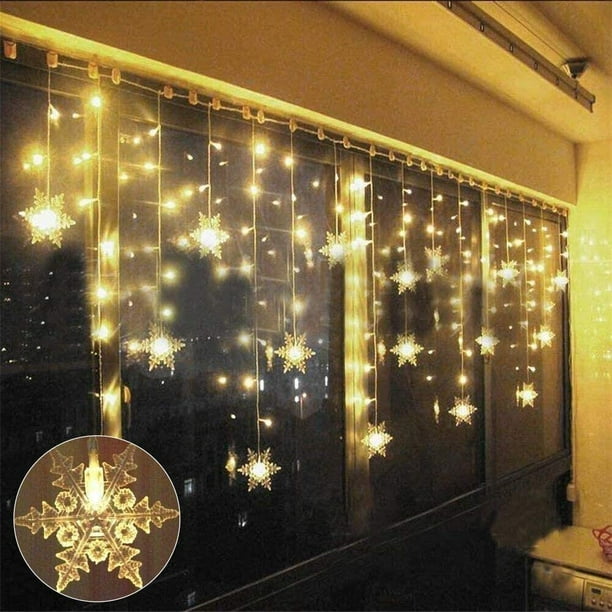 Luces de cortina, luces de cadena de cortina, luces de Navidad de copo de nieve LED de 3,5 M 96 LED 8 modos de iluminación, decoración de ventanas, Navidad, boda, cumpleaños, hogar, patio, blanco cálido esquí esquí Gafas de esquí