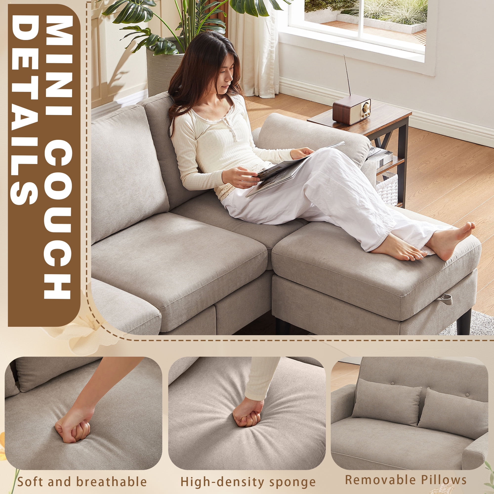 79" Convertible Sectional Sofa Set, Small L Shaped 3-Seat Couch with Reversible Chaise and Accent Chair, Modern Linen Sofas Couches for Living Room, Beige