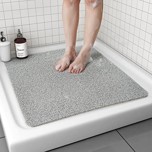 Shower Mat Bathtub Mat Non Slip, 16x24 Inch, Upgraded No Suction Cup Soft  Textured PVC Loofah Tub Mat with Drain for Wet Area, Quick Drying (Grey)