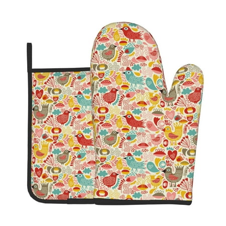 

Xecao Colorful Chicken Pattern Oven Mitts and Pot Holders Sets Heat Resistant Silicone Oven Mittens Extra Thicken Long Kitchen Cotton Oven Glove for Cooking