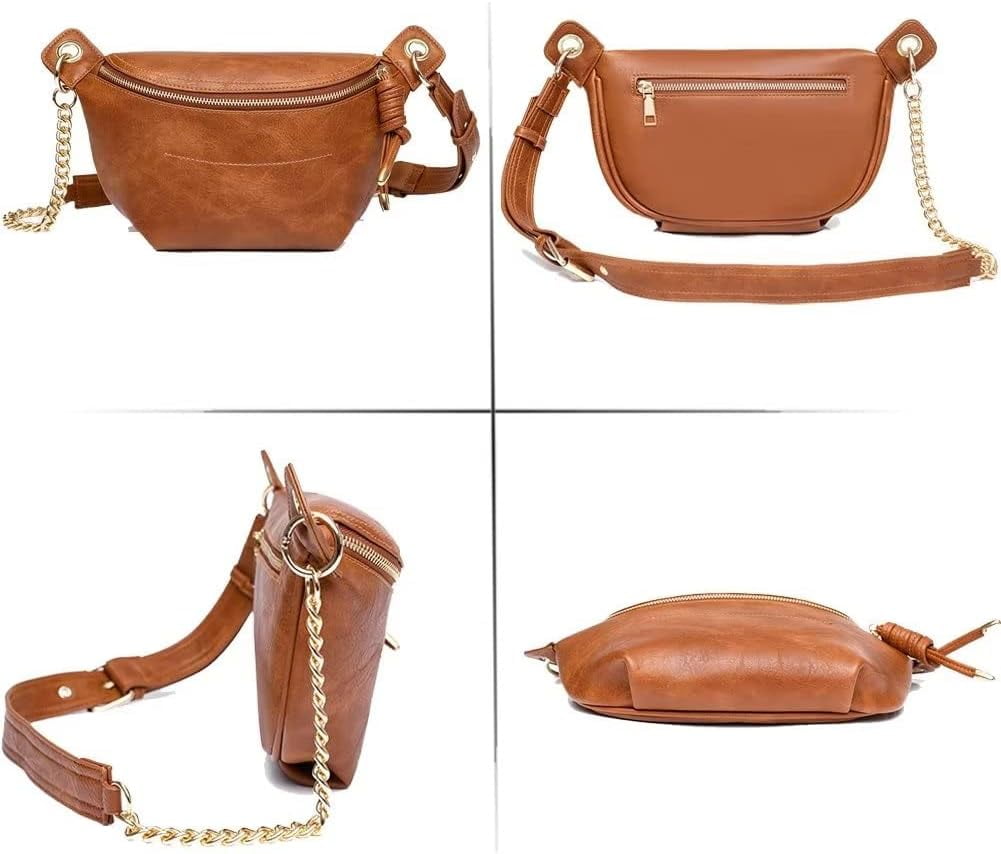 MMYGU Sling Bag for Women Vintage PU Leather Crossbody Bag Roomy Shoulder Purse Designer Fanny Pack with Chain Strap