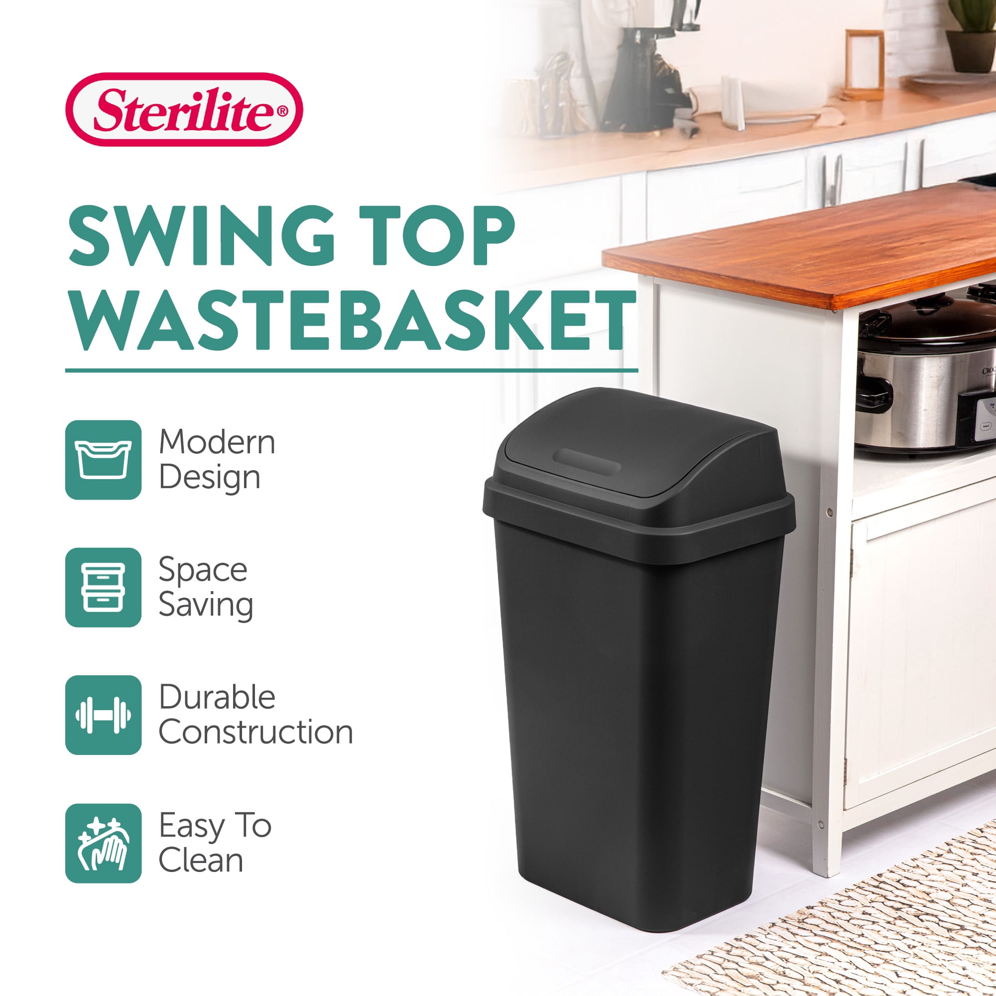 Sterilite 13 Gal Swing Top Lidded Wastebasket Trash Can, Black (4