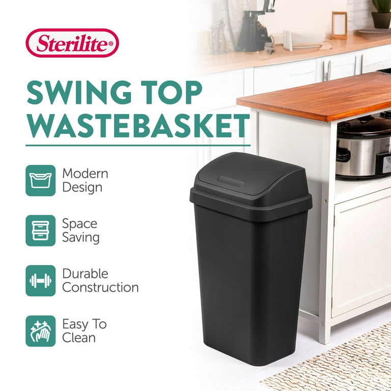 Sterilite, Kitchen Trash Can, 13 Gallon, Swing Top Lid, Black