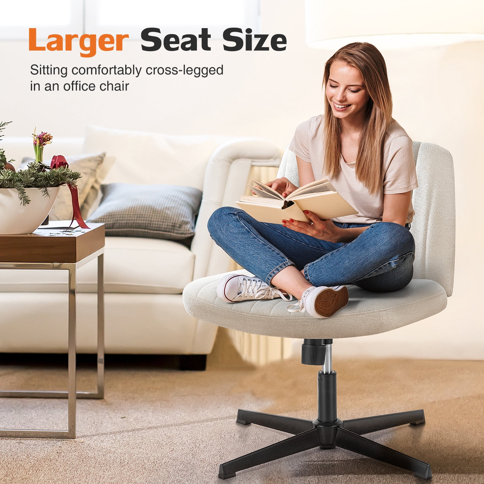 MAYEERTY Armless Criss Cross Chair Office Chair Vanity Chair for Bedroom Office, Beige