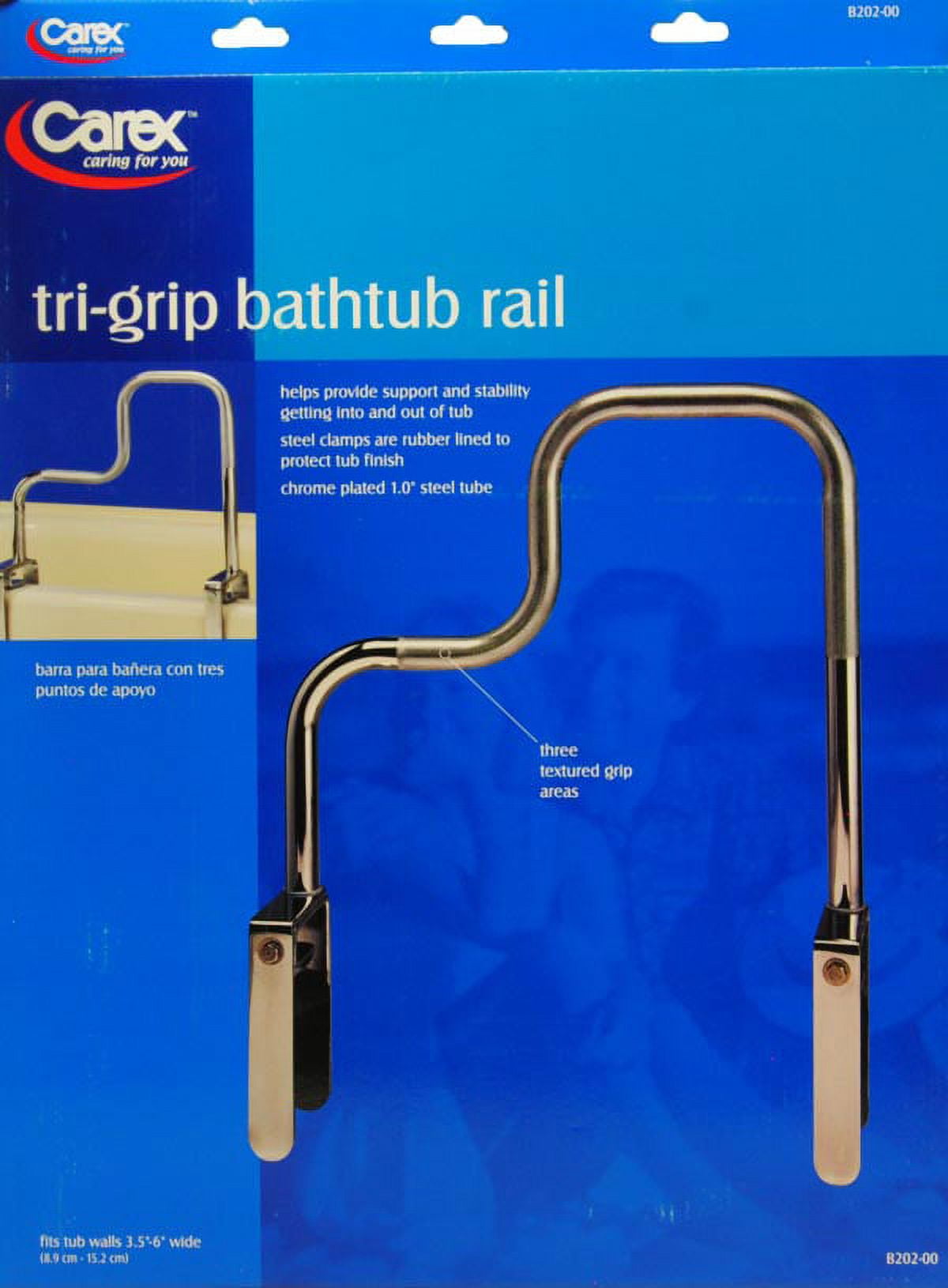 Carex Tri-Grip Bathtub Safety Rail Grab Bar with Chrome Finish, Size: 18, Clear