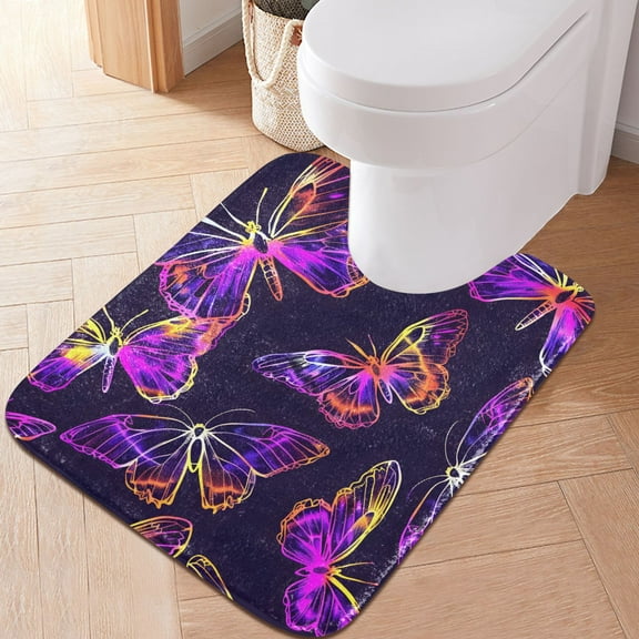 Toilet Rug U-Shaped Bathroom Rugs Non-Slip Soft Plush Machine Washable Contour Bath Mat Colorful Butterflies Outline 24x20