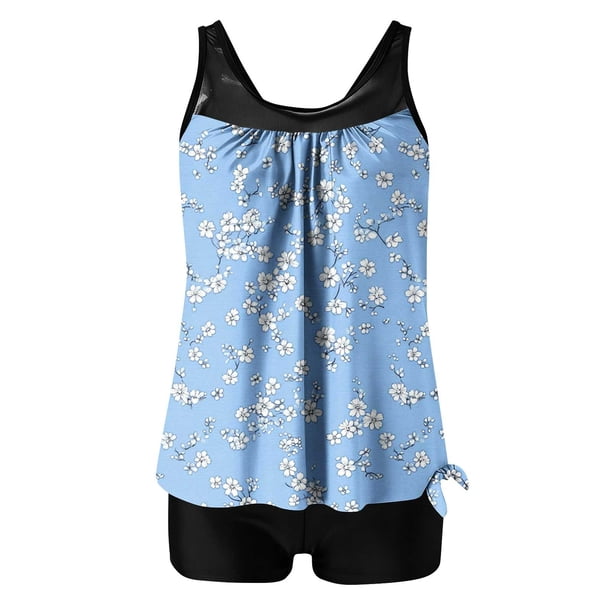 Traje de Baño de Mujer con Pantalones Cortos Conservador de Cintura Alta Impreso Traje de Baño de Dos Piezas, Torso Largo con Almohadillas Extraíbles