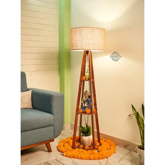 56 Inches Wooden Floor Lamp with 3-Tier Shelf & Natural Jute Shade – Modern Multipurpose Standing Lamp for Living Room, Bedroom & Home Décor