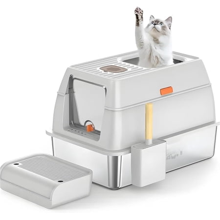 XL Stainless Litter Box with Enclosure and Pooper Scooper - Durable Black Litter Box for Big Cats, High Sides for Anti-Leakage, Never Absorbs Odors, Non-Sticky - (60x40cm) (White)