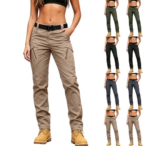 Womens Cargo Hiking Pants with Pockets Straight Leg Outdoor Athletic Travel Khaki Work Trousers Size L