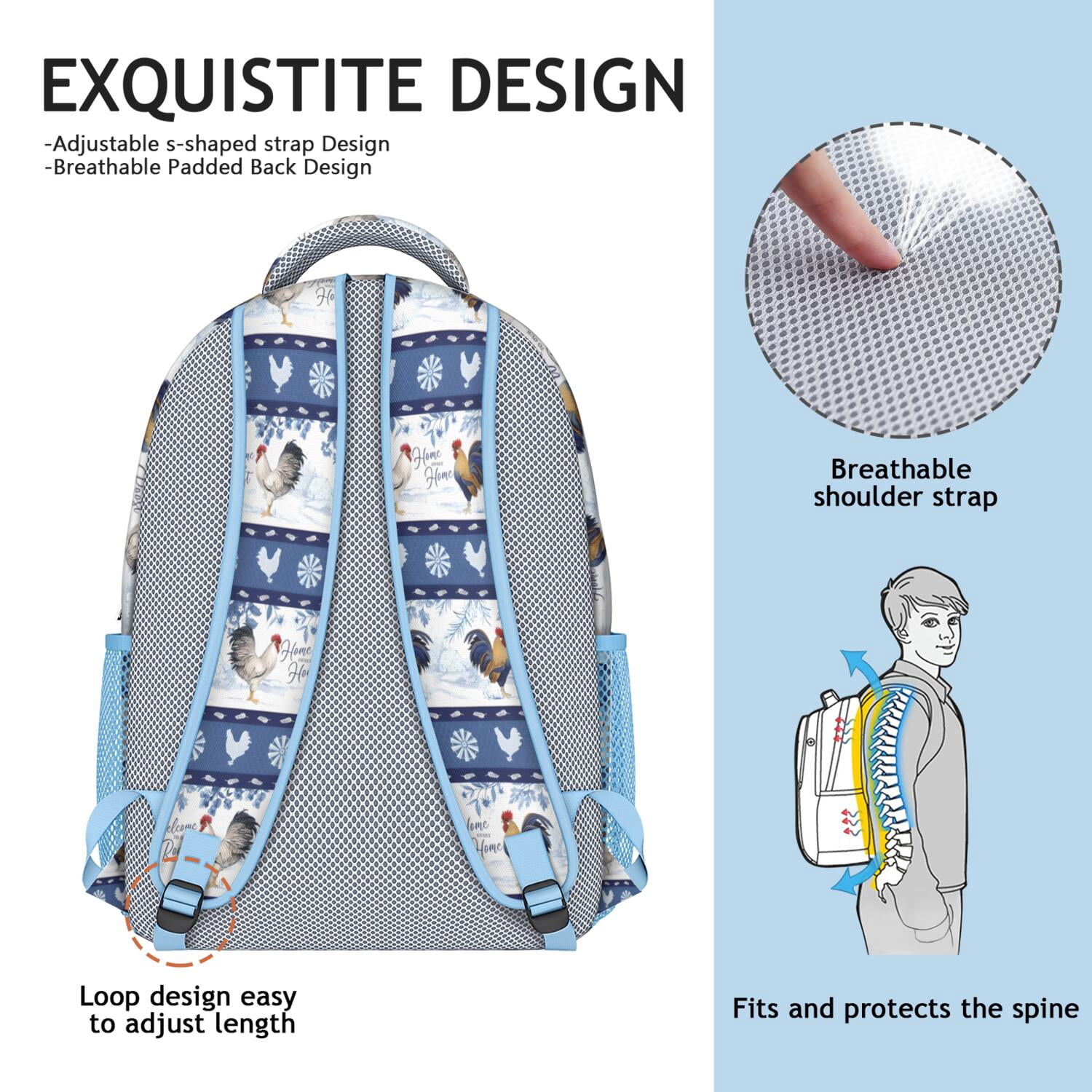 Chicken and Clouds Watercolor Print Bookbag - Lightweight Waterproof Backpack for College Students with Spinal Support