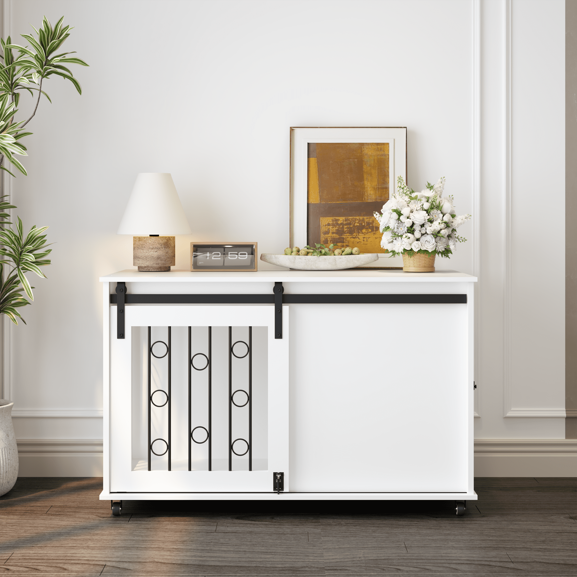 39.37" Wooden Dog Crate Furniture with Sliding Barn Door and Side Door, Indoor Dog Kennel End Table for Small to Medium Dogs, Decorative Pet Crate with Metal Bars and Lockable Wheels
