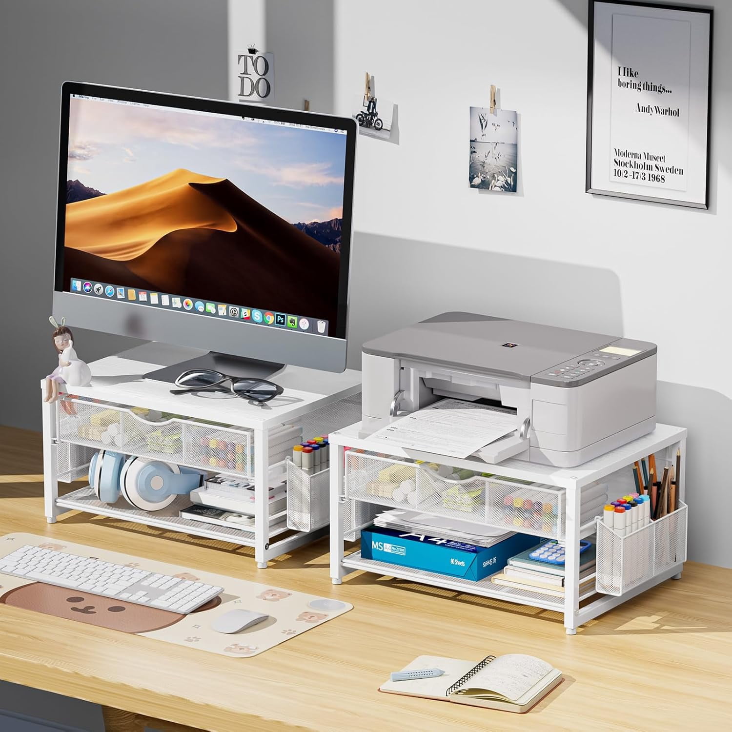 Wood Printer Stand for Desk, 2-Tier Desktop Printer Table for Home Office, Printer Stand with Storage Drawer 2 Pen Holders, Multi-Purpose Desk Organizer for Fax Machine Scanner(Wood White)
