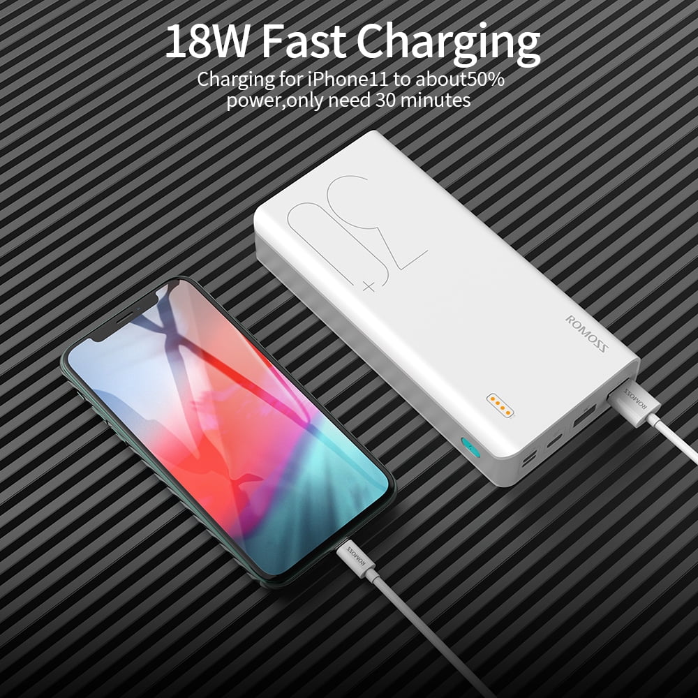 ROMOSS 30000mAh Power Bank Type-C 18W PD QC Fast Charge Battery Max 3A Port 3USB