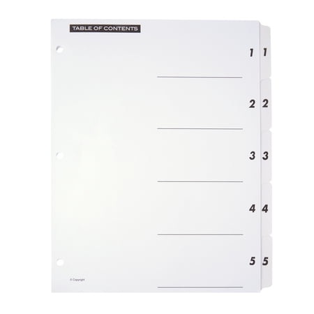 Office Depot Table Of Contents Customizable Index With Preprinted Tabs, White, Numbered 1-5, OD408879
