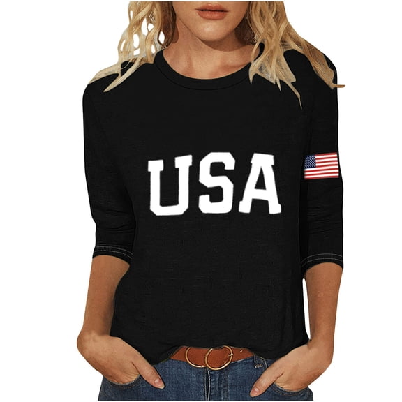 DeHolifer Women's Tops USA Flag Graphic 4th of July Crewneck Casual 3/4 Sleeve Lightweight Tee T-Shirts Black 2XL