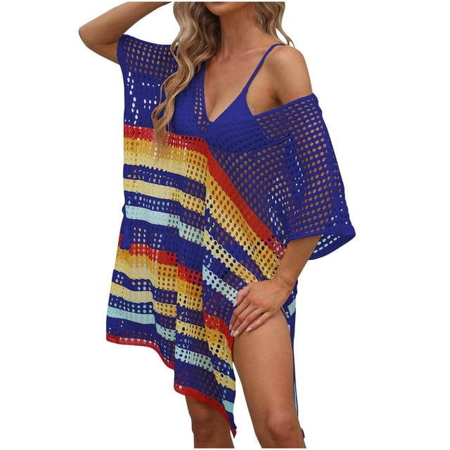 Besolor Robe de Plage pour Femmes, Crochet, Rayures Multicolores, Col en V, Tricot Ajouré