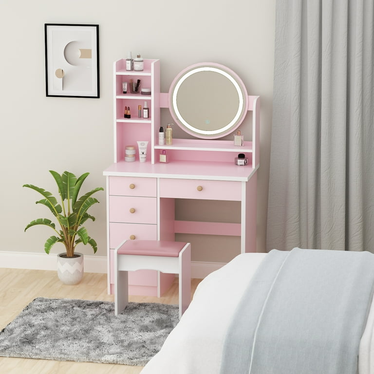 Vanity Set with Mirror and Lights Modern Storage Makeup Dressing Table with  5 Drawers Pink
