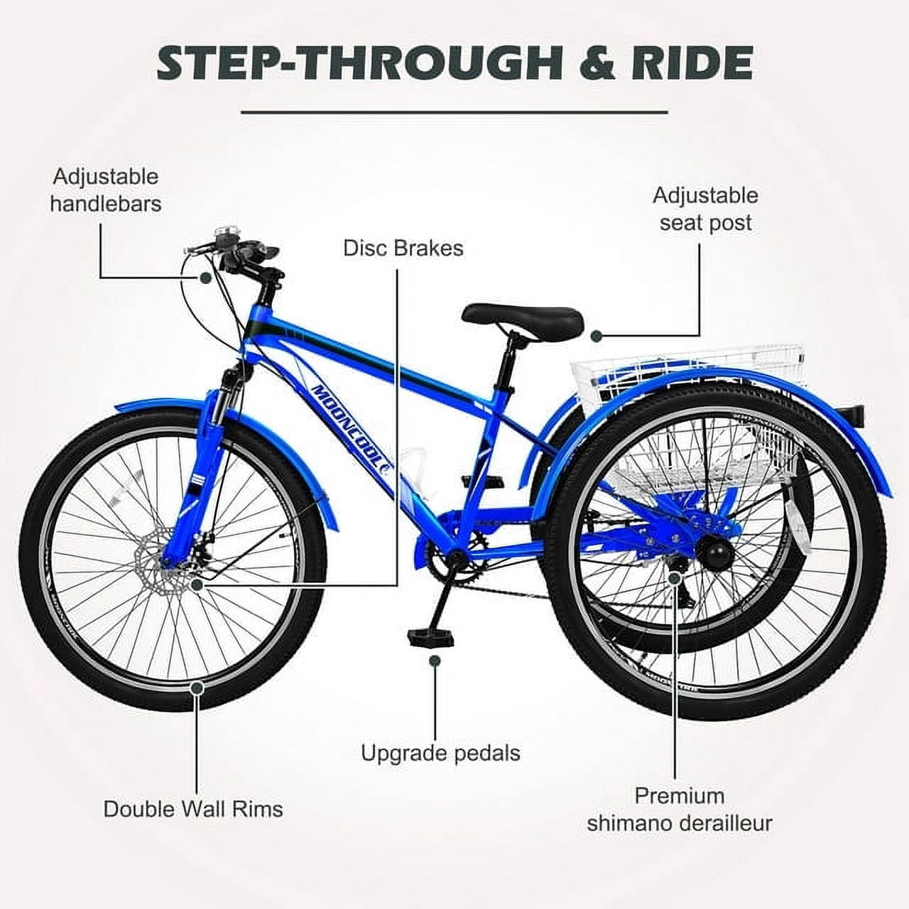 Lilypelle Adult Mountain Tricycle 24/26/27.5 Inch Low step through Mountain Bike Cruiser Trikes for Adults 7 Speed Three Wheel Trike Bike Bicycle with Large Basket