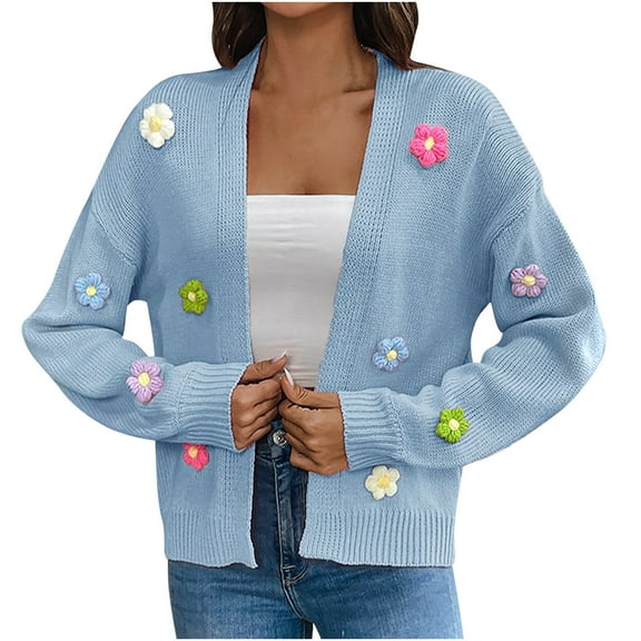 Mhoxuto Women's Floral Applique Cardigan Sweaters 2024 Fall Long Sleeve Open Front Cropped Coats Trendy Knit Kawaii Cardigans