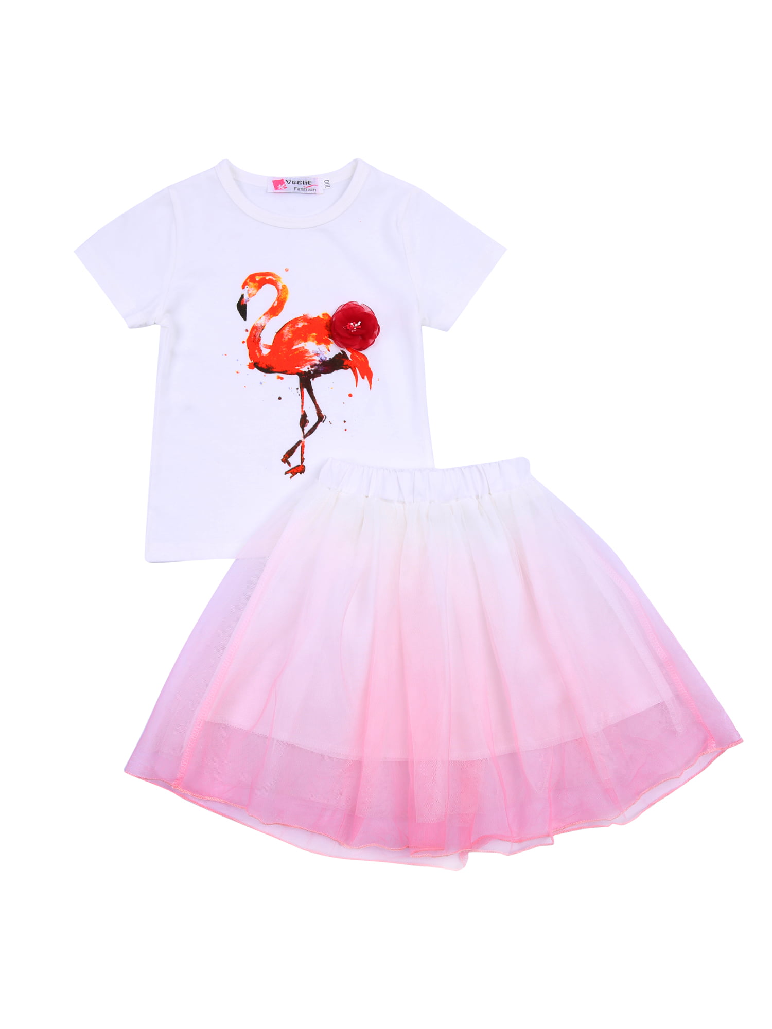 T Shirt + Skirt Girl Tops T Shirt Tulle Tutu Skirt Children Kids Flamingo Skirt Girl Clothing Set 2 PCS 
