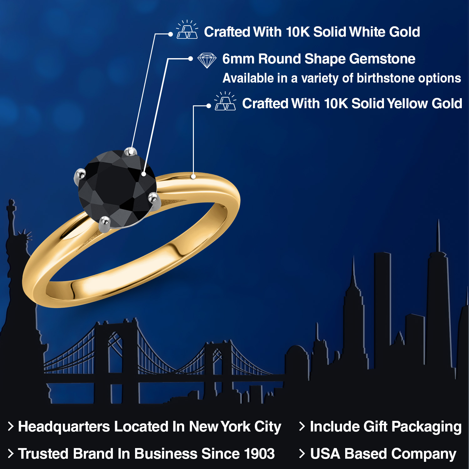 Gem Stone King 10K Two Tone Gold Black Sapphire Solitaire Engagement Ring for Women | 1.15 Cttw | Round 6MM | Gemstone September Birthstone | Size 7