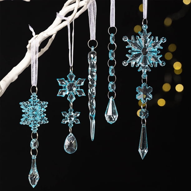 5 colgantes coloridos de barra de hielo para árbol de Navidad | Adornos de copos de nieve simulados | Adornos colgantes ligeros con cordones | Ideales para árboles, puertas, ventanas, techos y