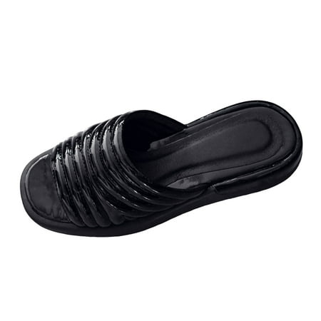 OJSFQUFP Womens Summer Slippers Ladies Fashion Summer Colored Leather Face Open Toe Flat Bottom Casual Slippers Soft Sole Outdoor Beach Shoes Womans Slippers Black 38